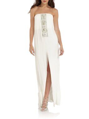 BCBG Max Azria Exene Gown White Long Strapless Jeweled Chiffon Silk NWT